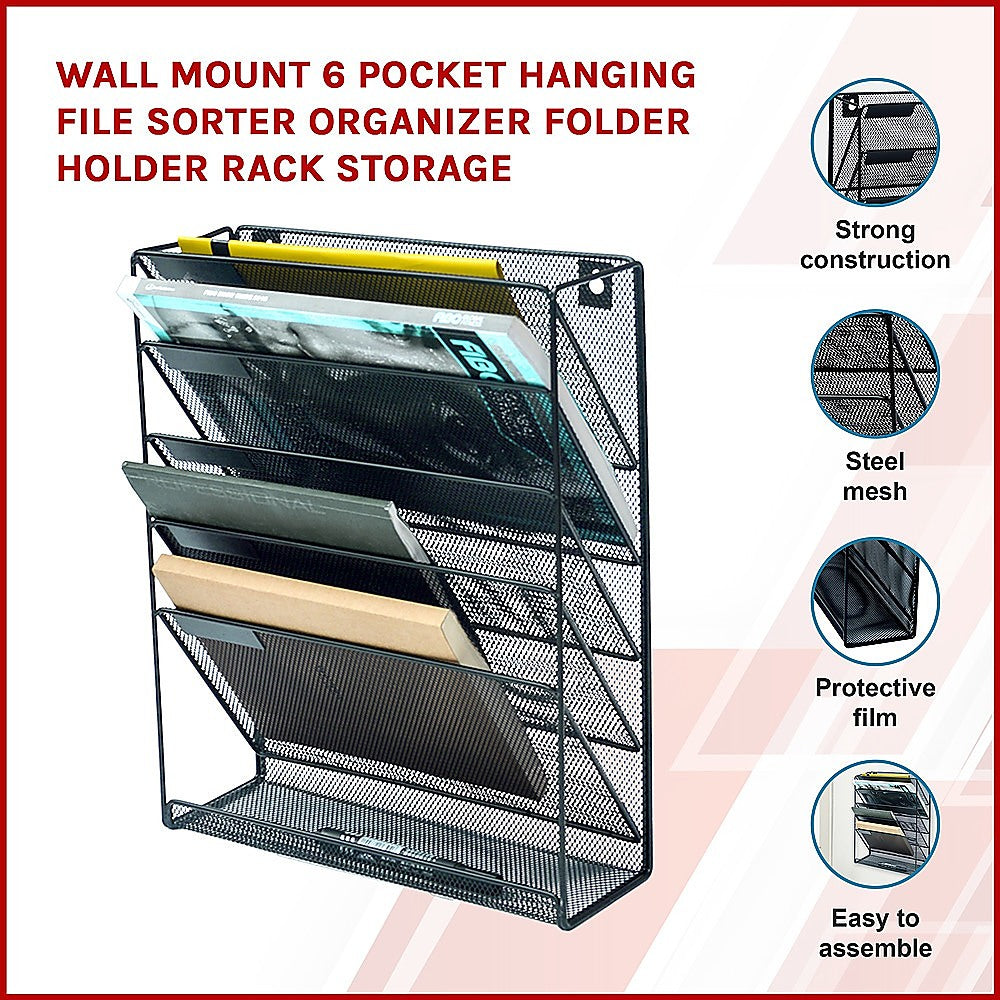 Wall Mount 6 Pocket Hanging File Sorter Organizer Folder Holder Rack Storage