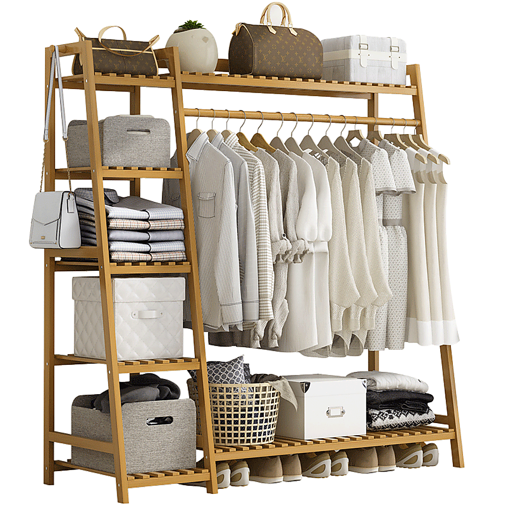 Portable Clothes Rack Coat Garment Stand Bamboo Rail Hanger Airer Closet